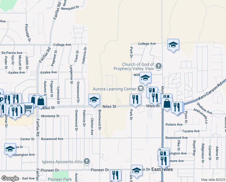map of restaurants, bars, coffee shops, grocery stores, and more near 7410 Cranesbill Avenue in Bakersfield