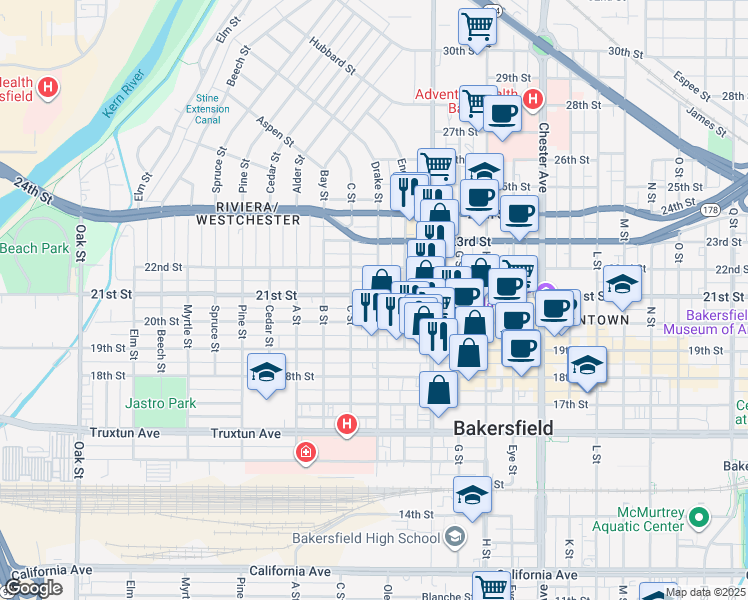 map of restaurants, bars, coffee shops, grocery stores, and more near 2027 D Street in Bakersfield