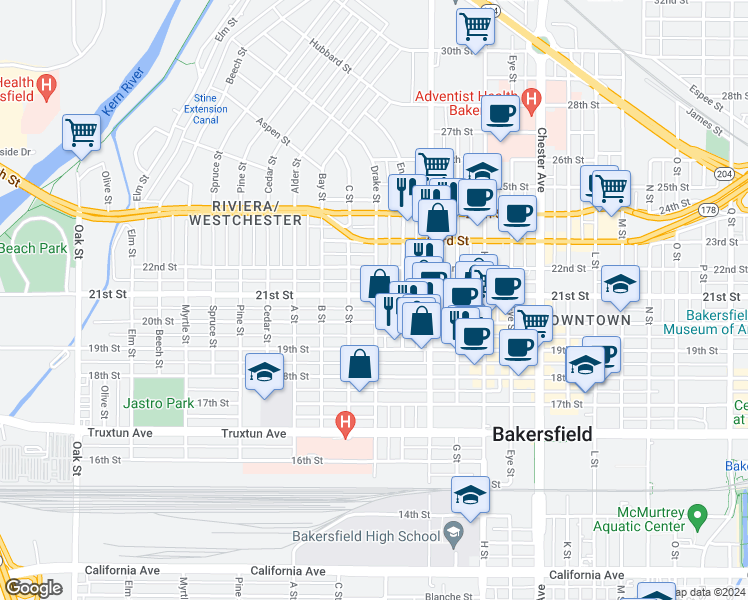 map of restaurants, bars, coffee shops, grocery stores, and more near 2103 21st Street in Bakersfield