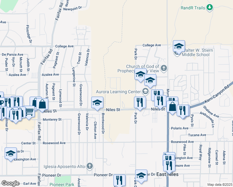 map of restaurants, bars, coffee shops, grocery stores, and more near 6121 Niles Street in Bakersfield