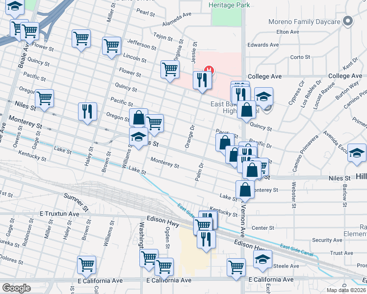 map of restaurants, bars, coffee shops, grocery stores, and more near in Kern County