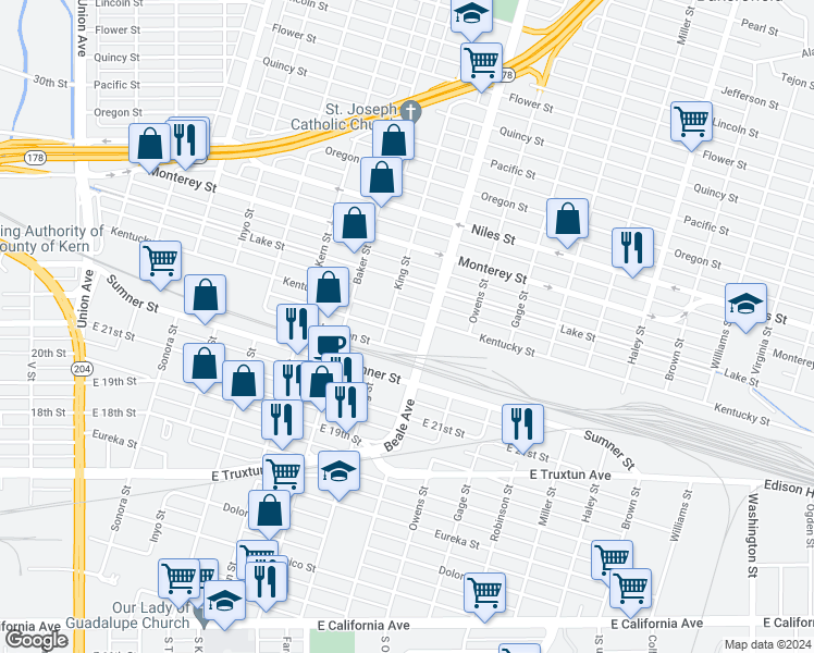 map of restaurants, bars, coffee shops, grocery stores, and more near 800 Jackson Street in Bakersfield
