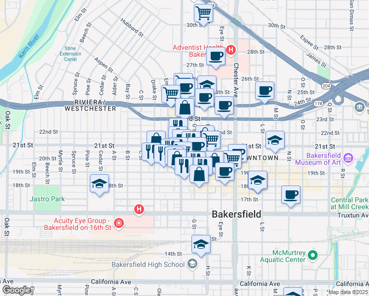 map of restaurants, bars, coffee shops, grocery stores, and more near 2001 F Street in Bakersfield