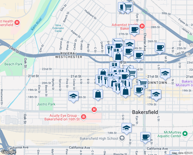 map of restaurants, bars, coffee shops, grocery stores, and more near 2114 20th Street in Bakersfield