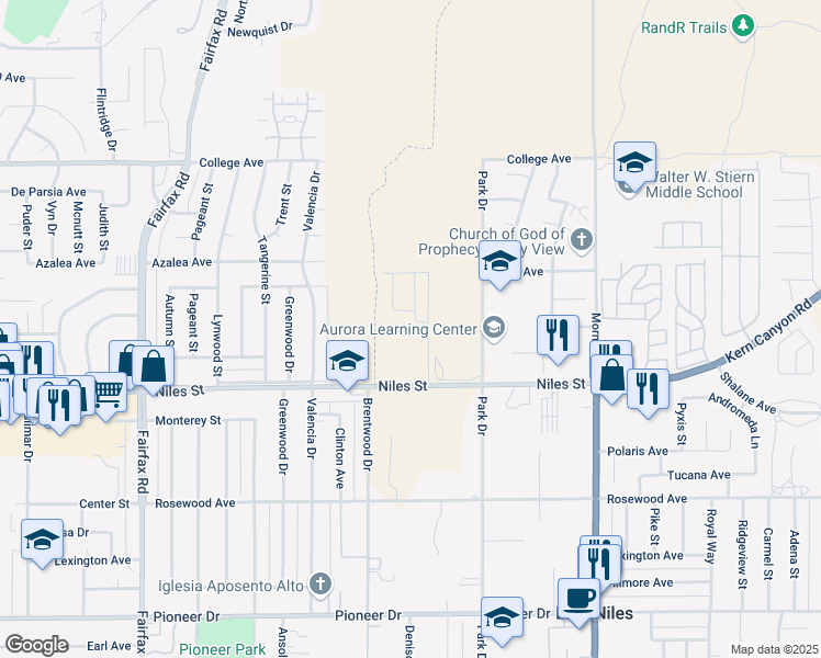 map of restaurants, bars, coffee shops, grocery stores, and more near 7406 Cranesbill Avenue in Bakersfield