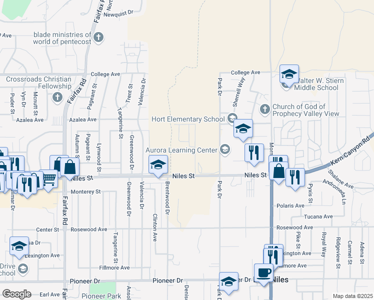 map of restaurants, bars, coffee shops, grocery stores, and more near 7406 Cranesbill Avenue in Bakersfield