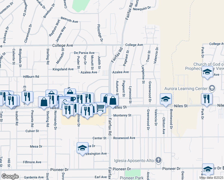 map of restaurants, bars, coffee shops, grocery stores, and more near 2209 Fairfax Road in Bakersfield