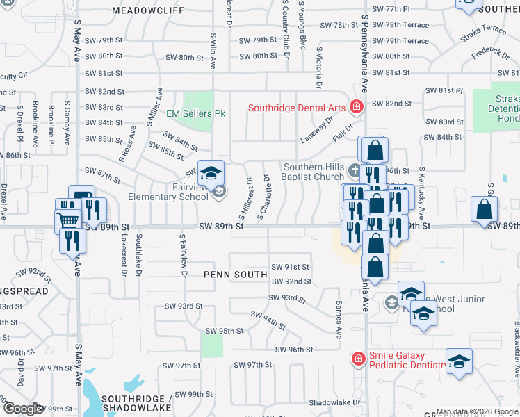 map of restaurants, bars, coffee shops, grocery stores, and more near 8905 South Charlotte Drive in Oklahoma City