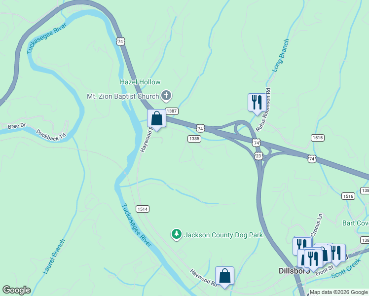 map of restaurants, bars, coffee shops, grocery stores, and more near Long Branch Creek Road in Sylva