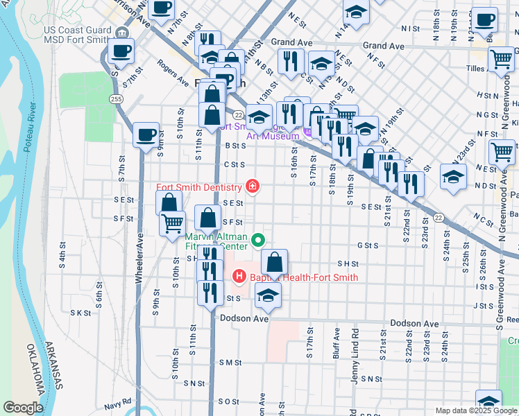map of restaurants, bars, coffee shops, grocery stores, and more near 600 South 14th Street in Fort Smith