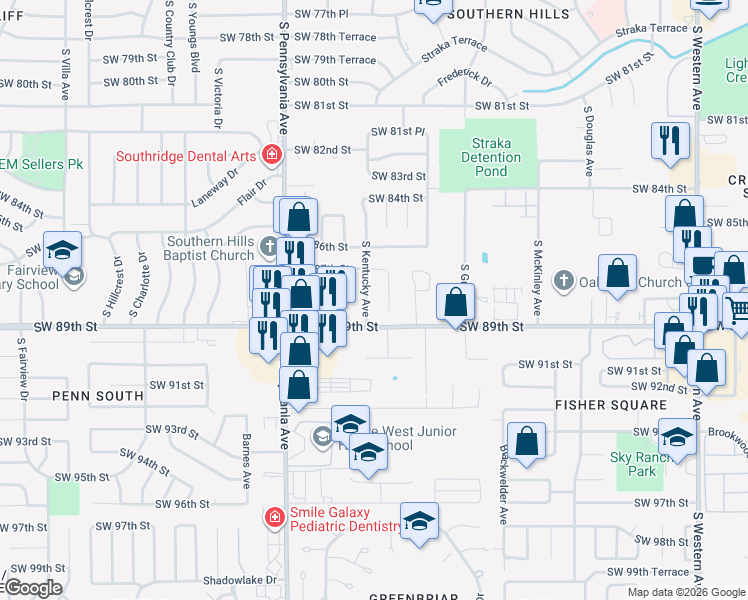 map of restaurants, bars, coffee shops, grocery stores, and more near 8917 Indiana Avenue in Oklahoma City