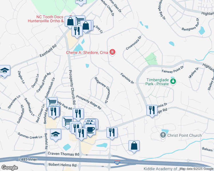 map of restaurants, bars, coffee shops, grocery stores, and more near 6510 Ridgeview Commons Drive in Charlotte