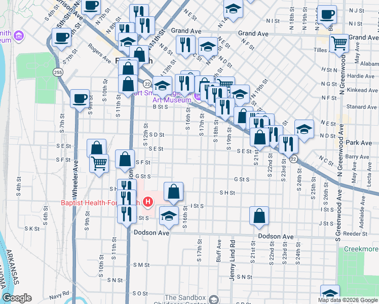 map of restaurants, bars, coffee shops, grocery stores, and more near 617 South 16th Street in Fort Smith