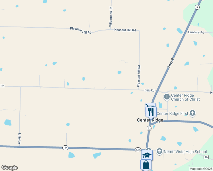 map of restaurants, bars, coffee shops, grocery stores, and more near 695 Oak Road in Center Ridge