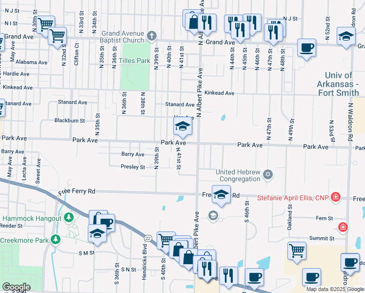 map of restaurants, bars, coffee shops, grocery stores, and more near 4116 Park Avenue in Fort Smith