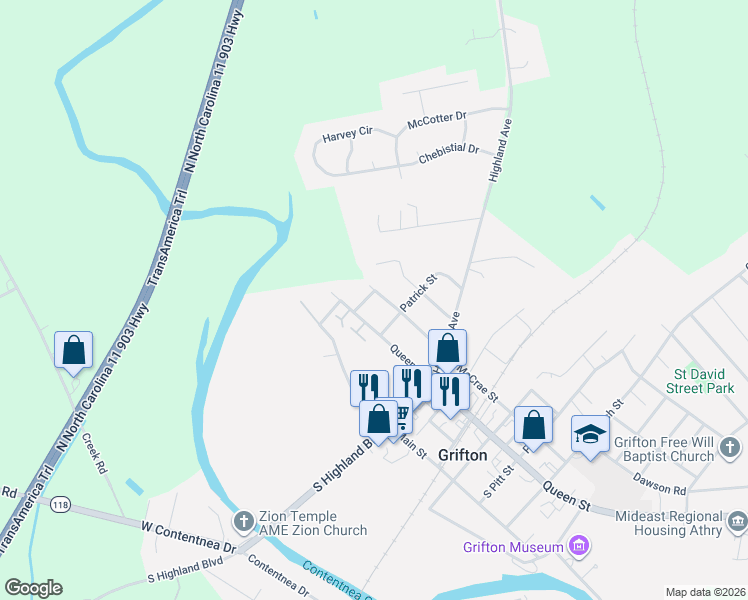 map of restaurants, bars, coffee shops, grocery stores, and more near 355 Queen Street in Grifton