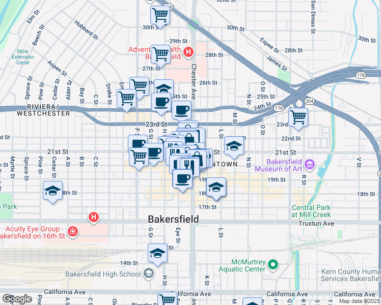 map of restaurants, bars, coffee shops, grocery stores, and more near 2003 Chester Avenue in Bakersfield