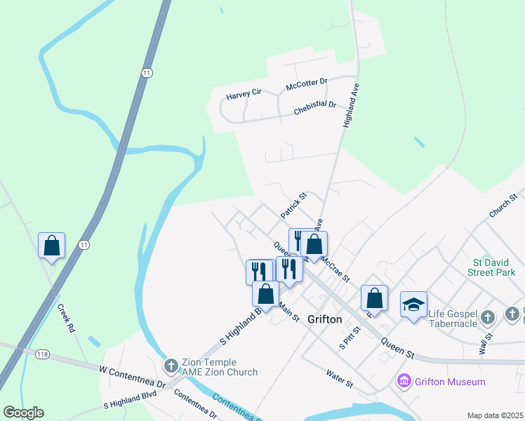 map of restaurants, bars, coffee shops, grocery stores, and more near 224 McCrae Street in Grifton