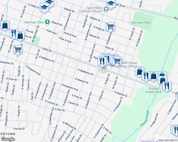 map of restaurants, bars, coffee shops, grocery stores, and more near 1601 East Mulberry Street in Goldsboro