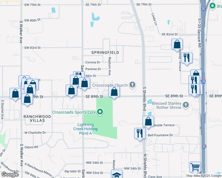 map of restaurants, bars, coffee shops, grocery stores, and more near 125 Southeast 89th Street in Oklahoma City