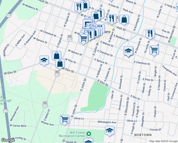 map of restaurants, bars, coffee shops, grocery stores, and more near 406 South John Street in Goldsboro