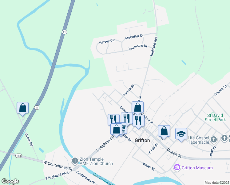 map of restaurants, bars, coffee shops, grocery stores, and more near 224 McCrae Street in Grifton