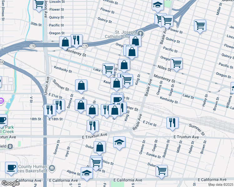 map of restaurants, bars, coffee shops, grocery stores, and more near 622 Jackson Street in Bakersfield