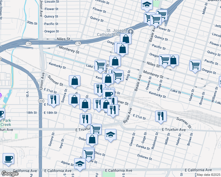 map of restaurants, bars, coffee shops, grocery stores, and more near 710 Jackson Street in Bakersfield