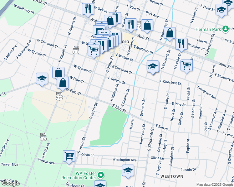 map of restaurants, bars, coffee shops, grocery stores, and more near 314 North William Street in Goldsboro