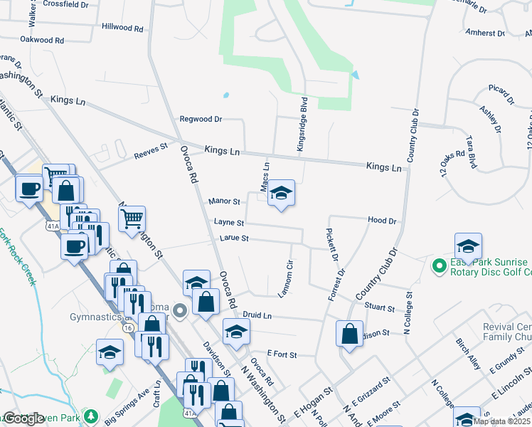 map of restaurants, bars, coffee shops, grocery stores, and more near 313 Layne Street in Tullahoma