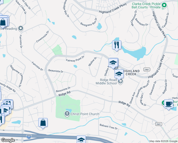 map of restaurants, bars, coffee shops, grocery stores, and more near 6219 Skyline Drive in Charlotte