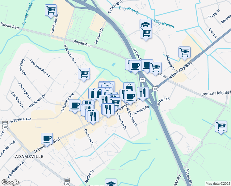 map of restaurants, bars, coffee shops, grocery stores, and more near 703 North Berkeley Boulevard in Goldsboro