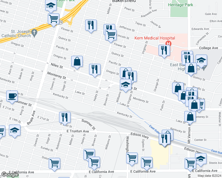 map of restaurants, bars, coffee shops, grocery stores, and more near 1209 Brown Street in Bakersfield