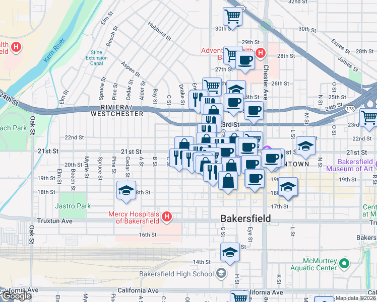 map of restaurants, bars, coffee shops, grocery stores, and more near 2001 E Street in Bakersfield