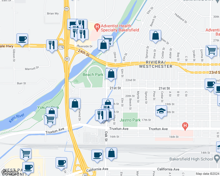 map of restaurants, bars, coffee shops, grocery stores, and more near 2000 Oak Street in Bakersfield