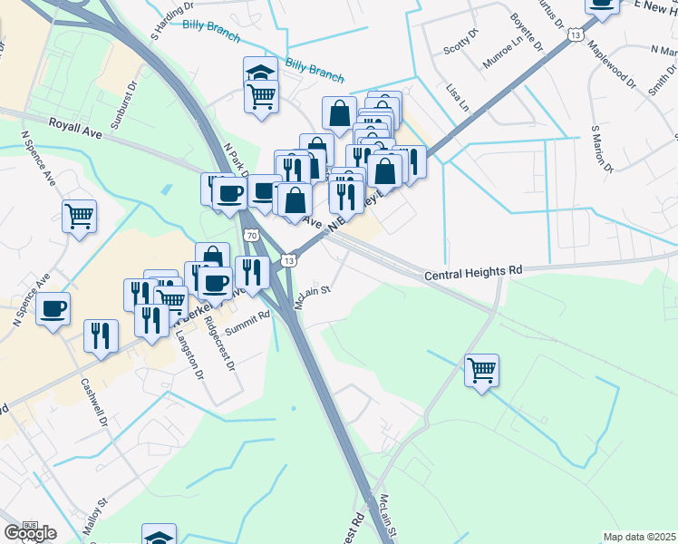 map of restaurants, bars, coffee shops, grocery stores, and more near 2815 McLain Street in Goldsboro