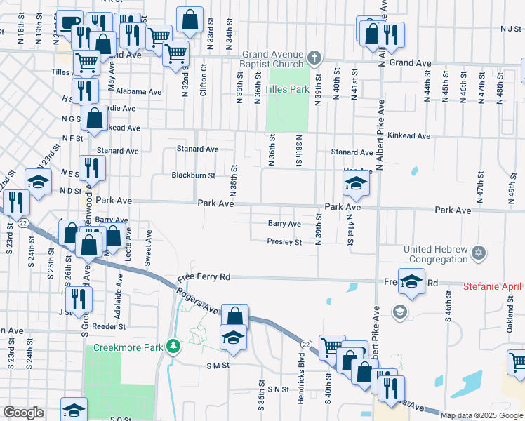 map of restaurants, bars, coffee shops, grocery stores, and more near 3602 Barry Avenue in Fort Smith