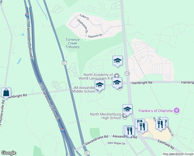map of restaurants, bars, coffee shops, grocery stores, and more near 11939 Hambright Road in Huntersville
