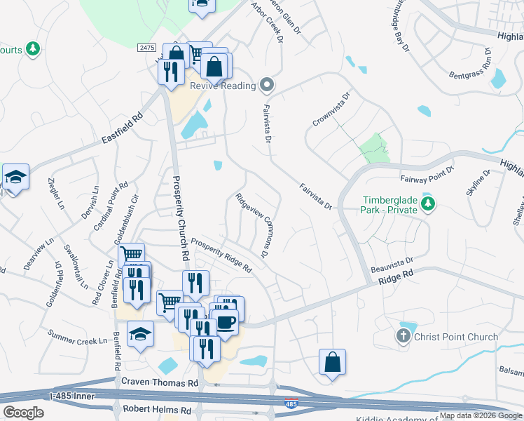 map of restaurants, bars, coffee shops, grocery stores, and more near 6340 Highland Commons Drive in Charlotte