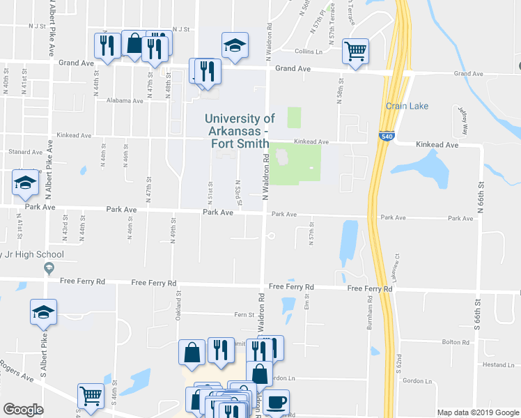 map of restaurants, bars, coffee shops, grocery stores, and more near 5323 Park Avenue in Fort Smith