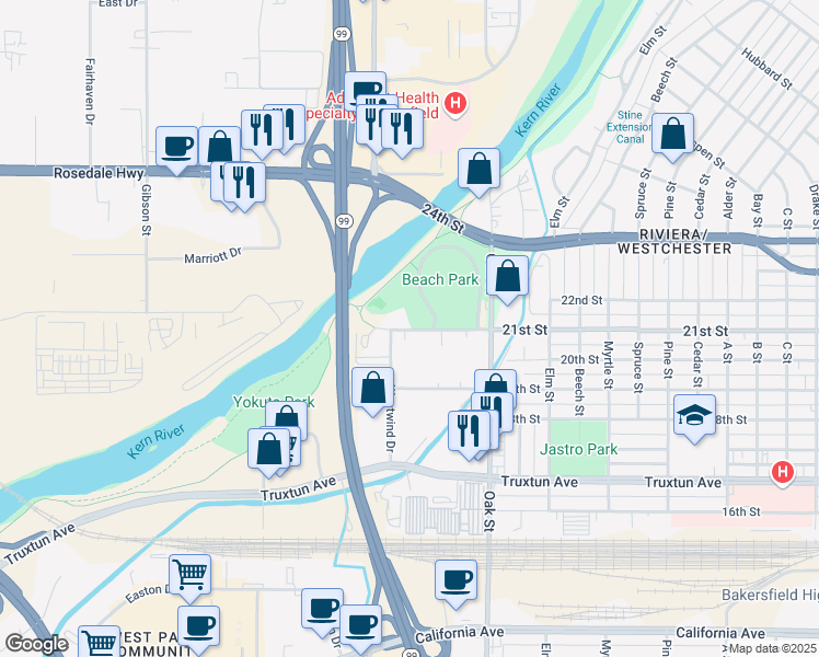 map of restaurants, bars, coffee shops, grocery stores, and more near 3434 21st Street in Bakersfield