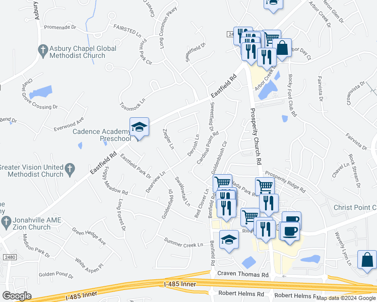 map of restaurants, bars, coffee shops, grocery stores, and more near 12511 Dervish Lane in Charlotte