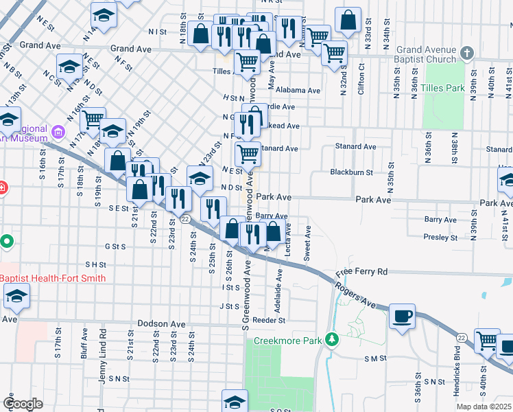 map of restaurants, bars, coffee shops, grocery stores, and more near 401 North May Avenue in Fort Smith