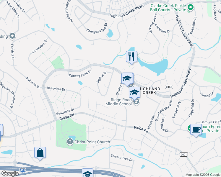 map of restaurants, bars, coffee shops, grocery stores, and more near 6009 Skyline Drive in Charlotte