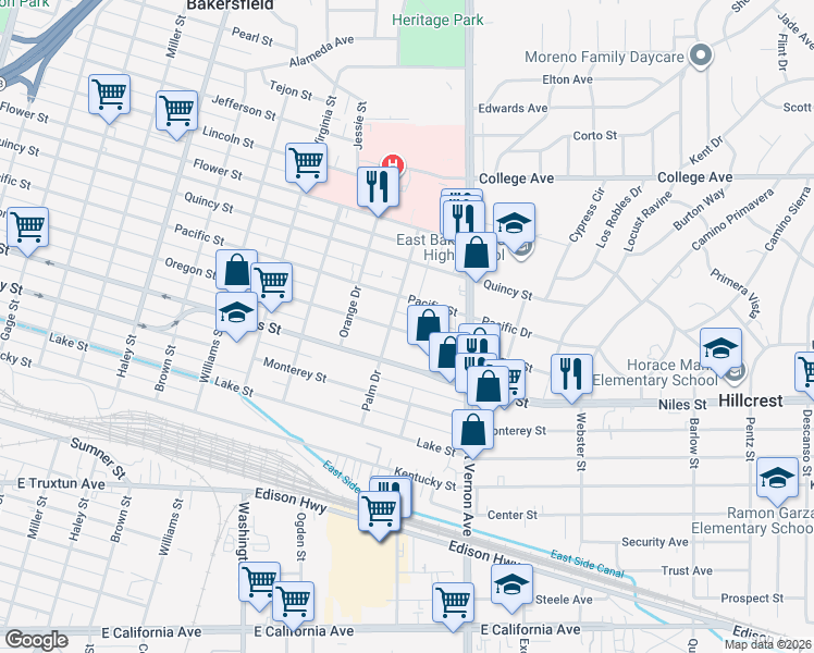map of restaurants, bars, coffee shops, grocery stores, and more near 2012 Oregon Street in Bakersfield