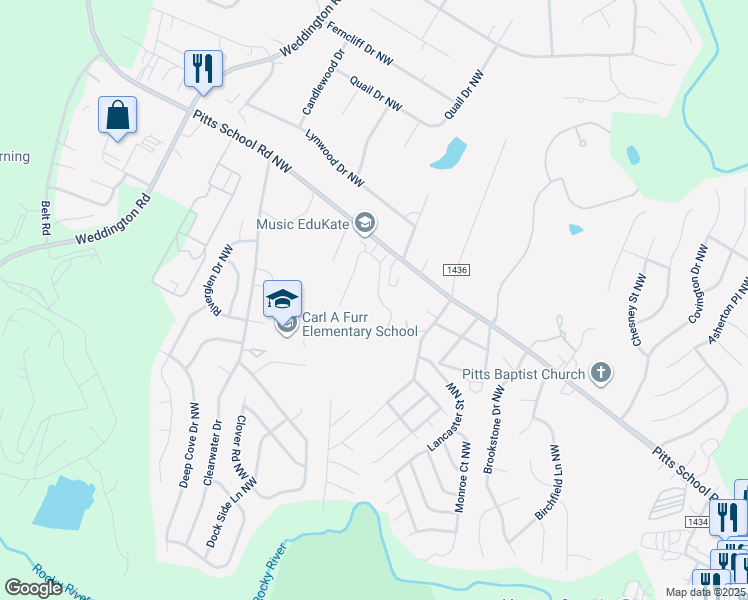 map of restaurants, bars, coffee shops, grocery stores, and more near 2608 Brackley Place Northwest in Concord