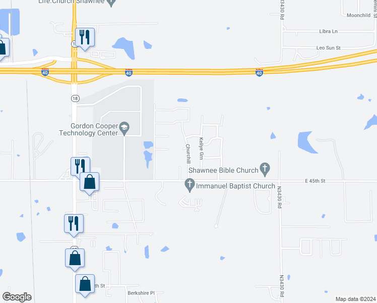 map of restaurants, bars, coffee shops, grocery stores, and more near 4604 Churchill in Shawnee