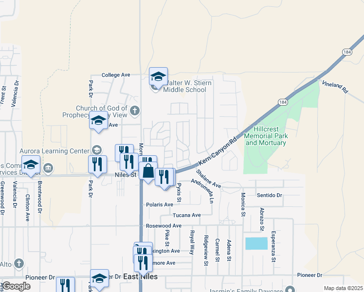 map of restaurants, bars, coffee shops, grocery stores, and more near Parklander in Bakersfield