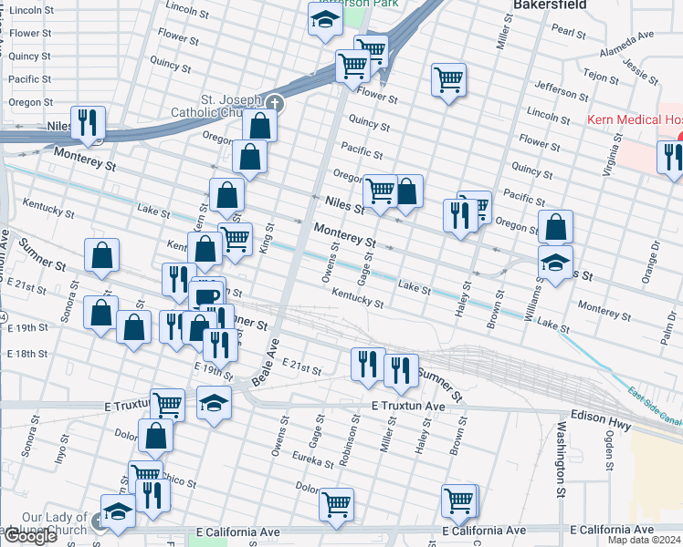 map of restaurants, bars, coffee shops, grocery stores, and more near 1104 Gage Street in Bakersfield