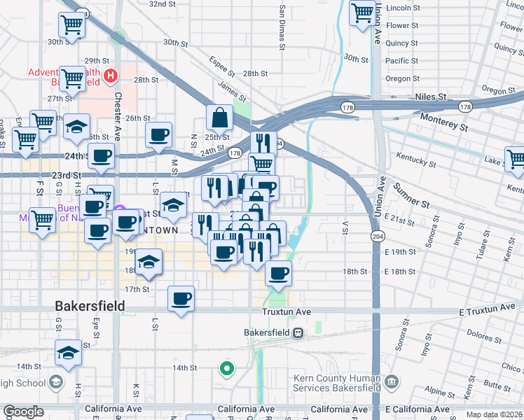 map of restaurants, bars, coffee shops, grocery stores, and more near 701 22nd Street in Bakersfield